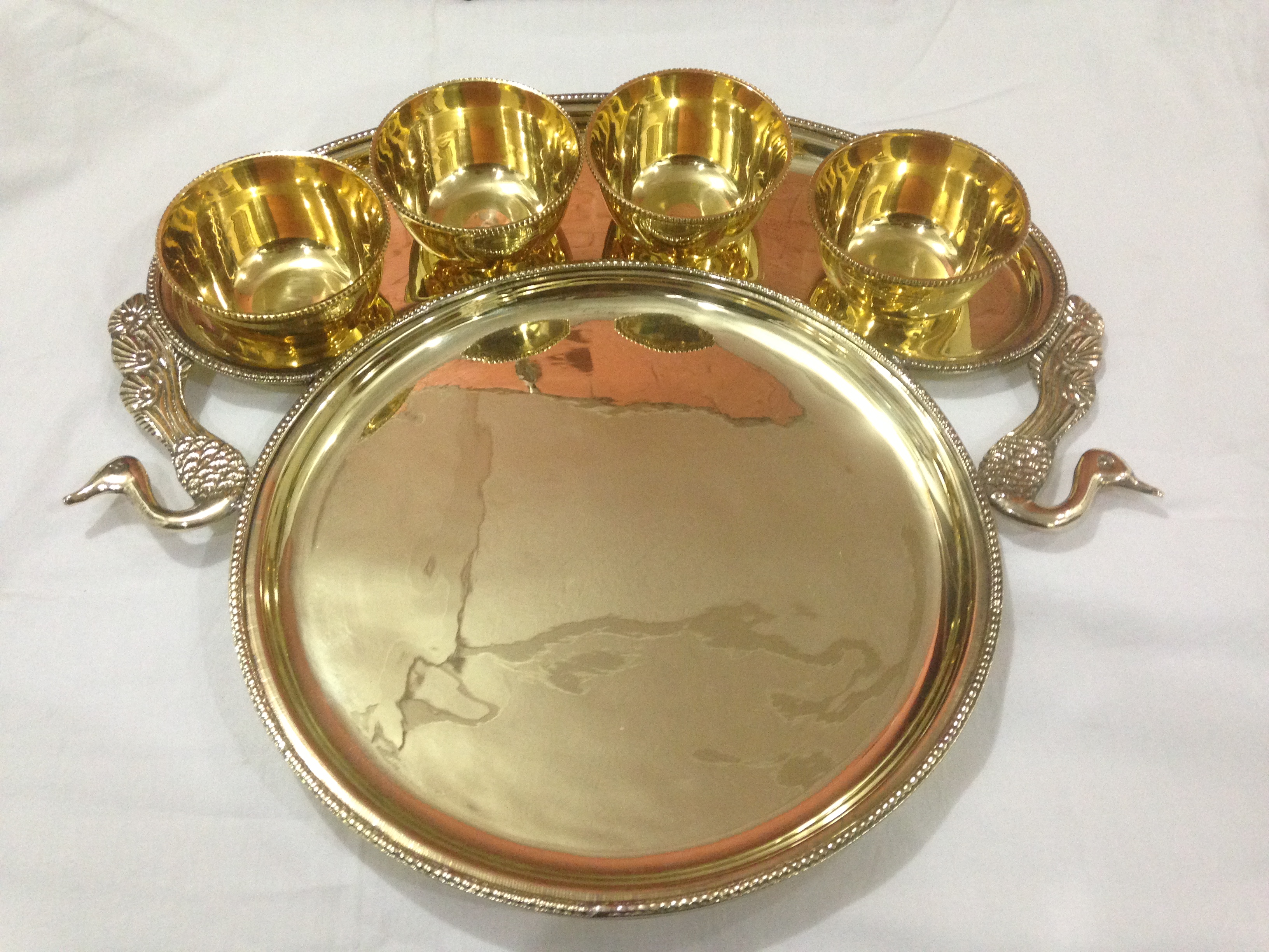Brass Maharaja Thali set with Peacock handles